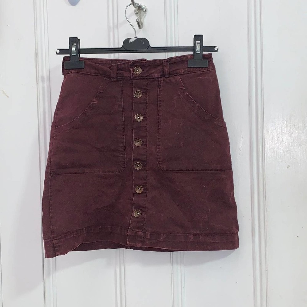 Burgundy Button Detail Denim Like Skirt Perspective 30